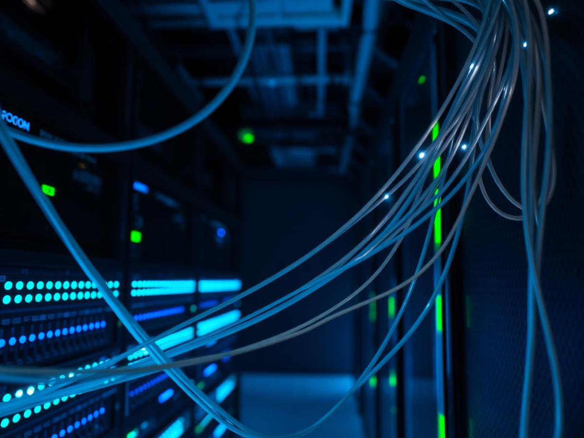 Fiber optic cables in a lit server room