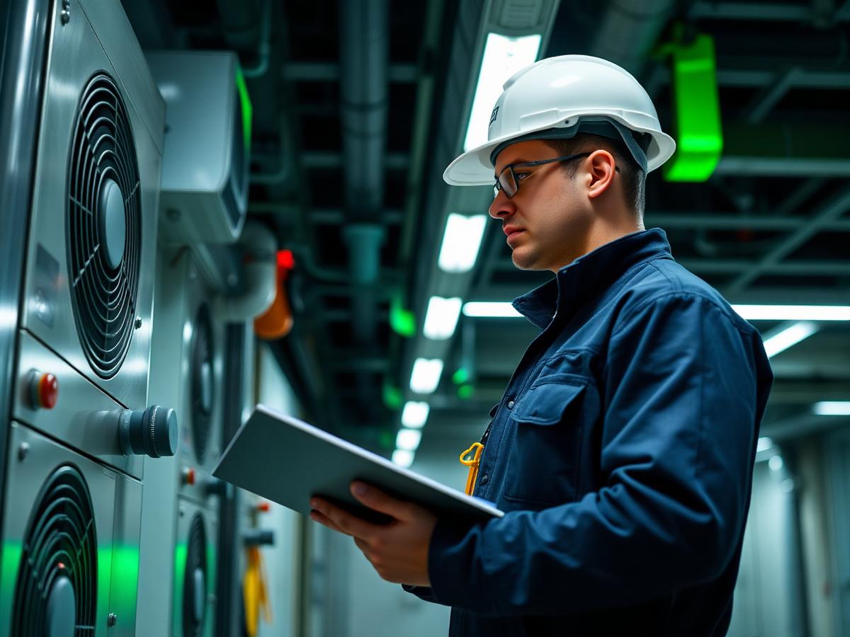 Facilities engineer inspecting building HVAC systems